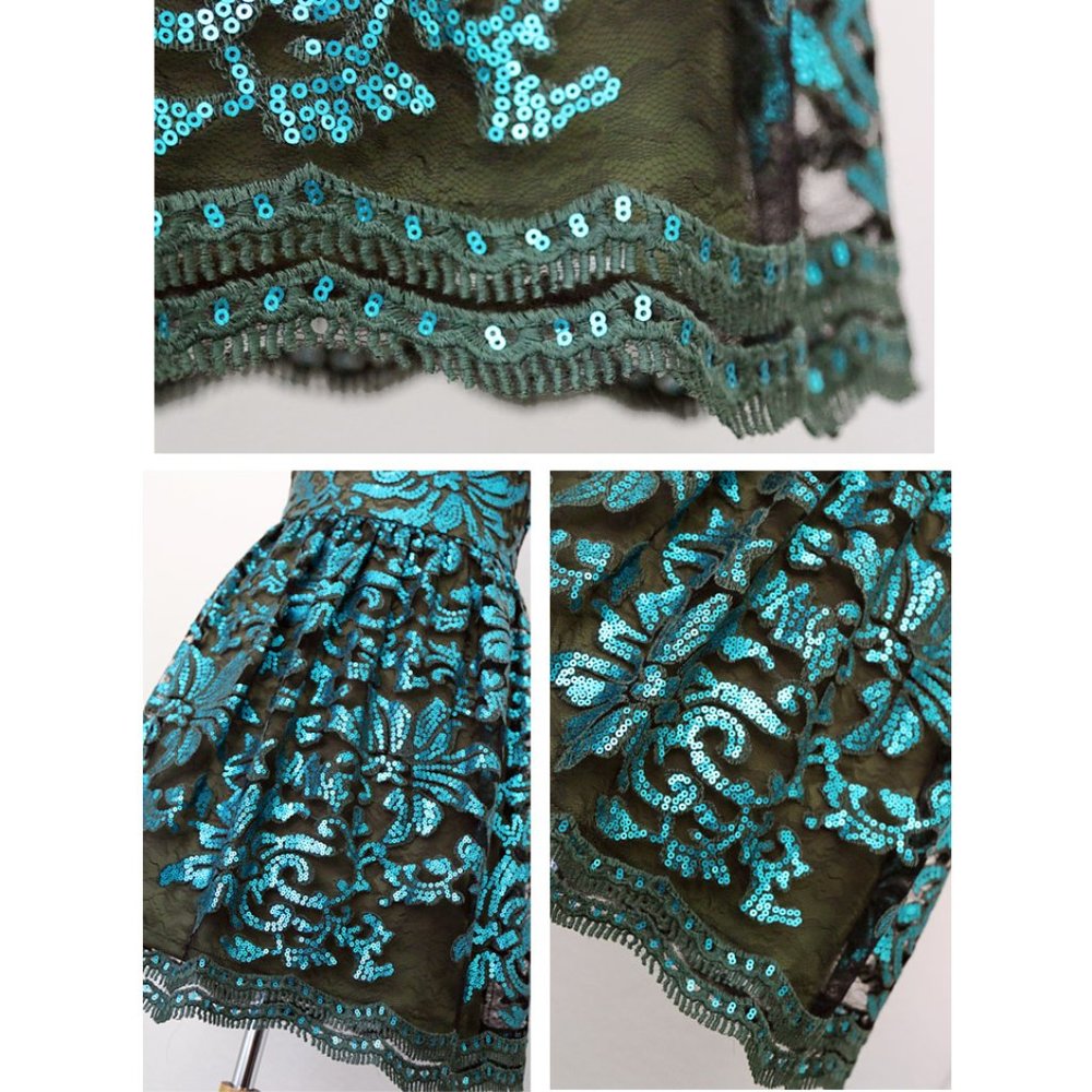Teal Olive Green Sequin Crochet Scallop Lace Dress - Picture 5 of 8